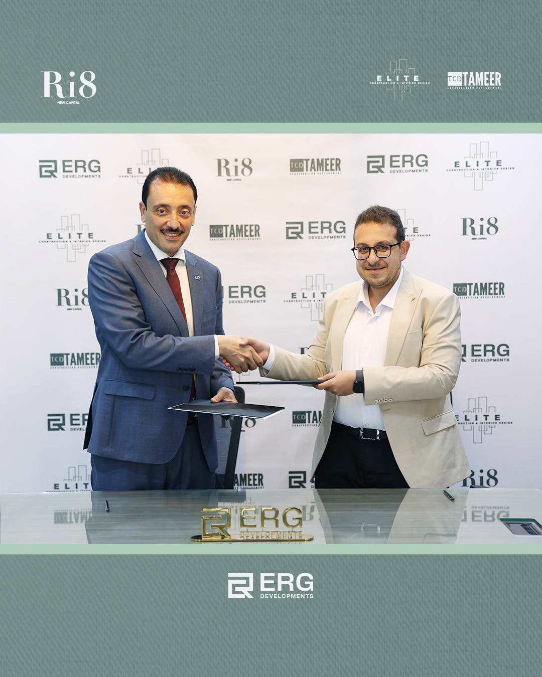 لحظة توقيع بروتوكول التعاون بين ERG وشركتي تعمير لتطوير المنشآت وإيليت للمقاولات
