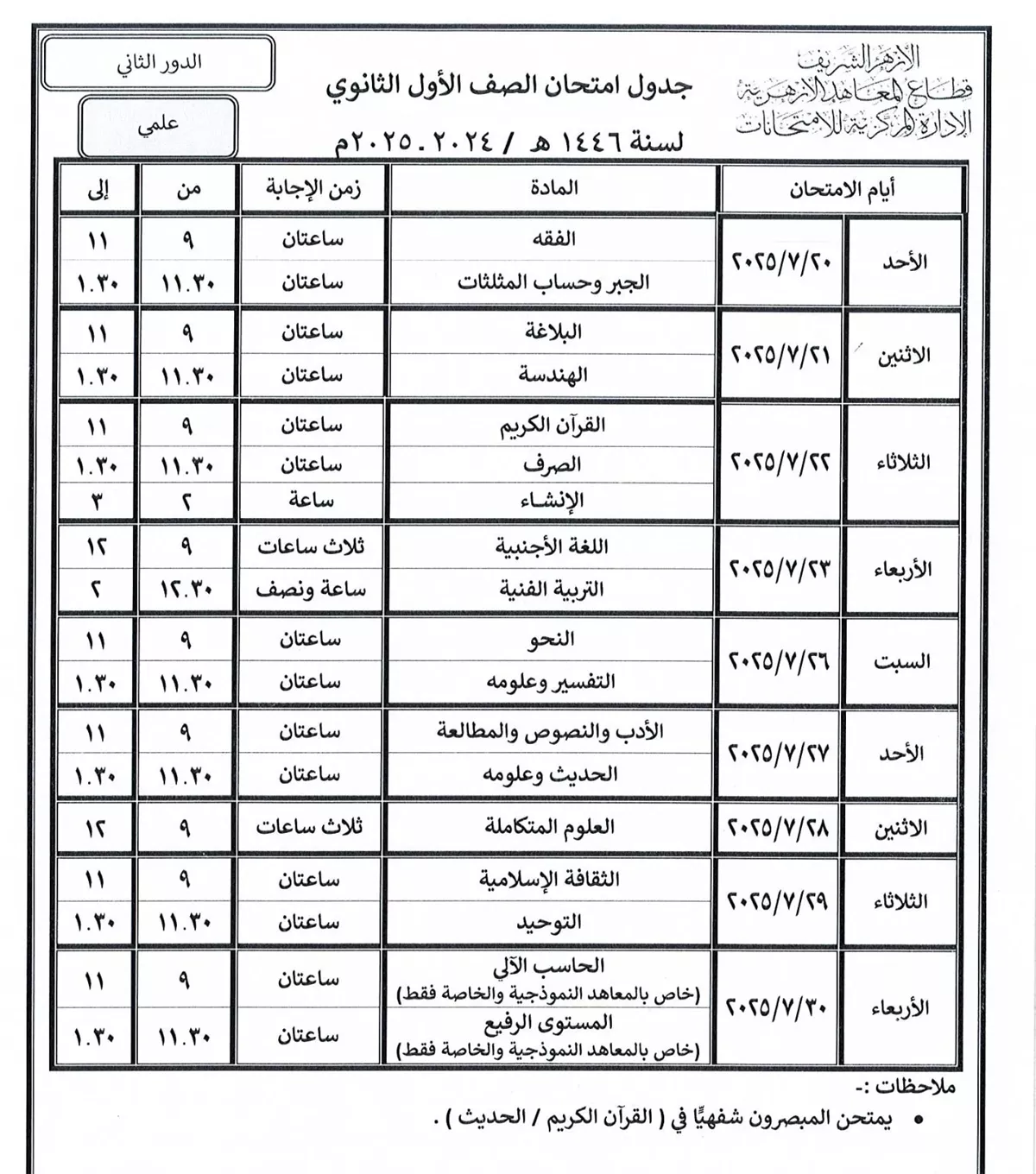 جدول امتحان الصف الثاني الثانوي