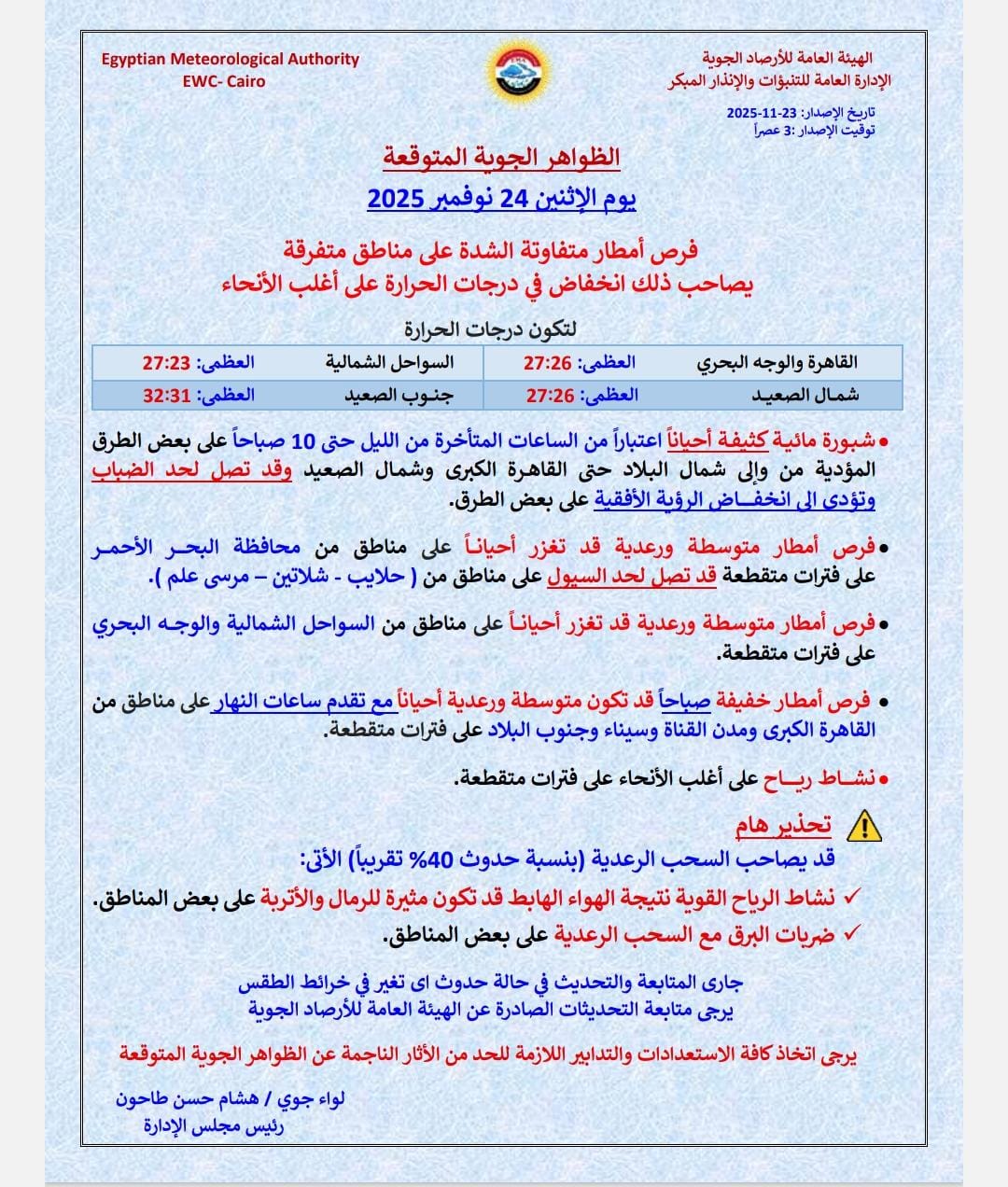 <strong> حالة الطقس غداً الإثنين الموافق 24 نوفمبر 2025</strong>