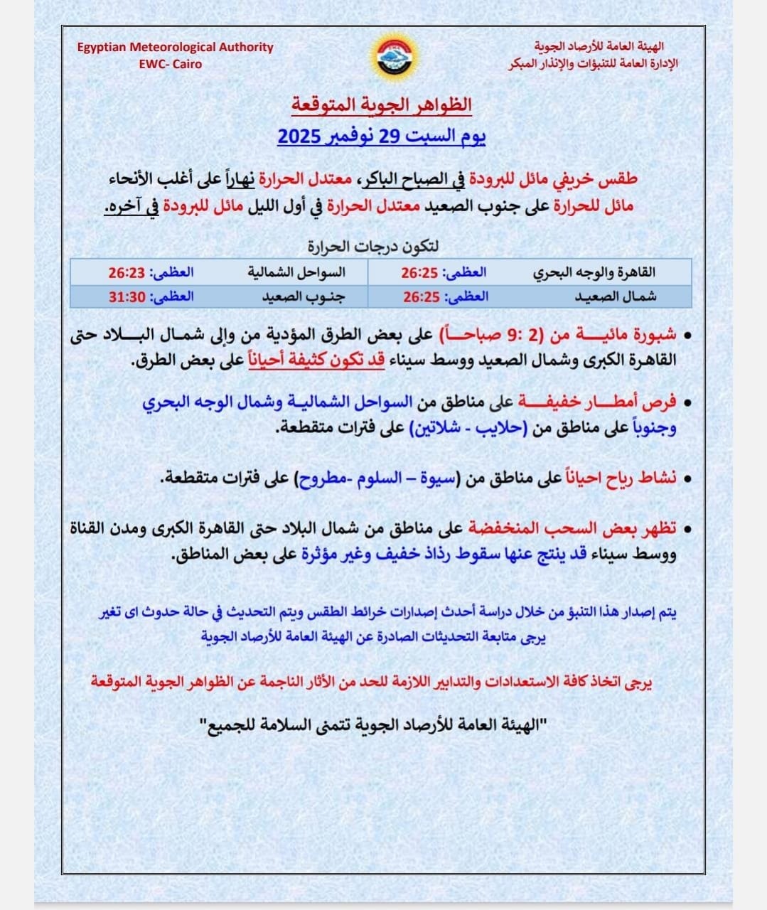 <strong>حالة الطقس غداً السبت 29 نوفمبر 2025</strong>