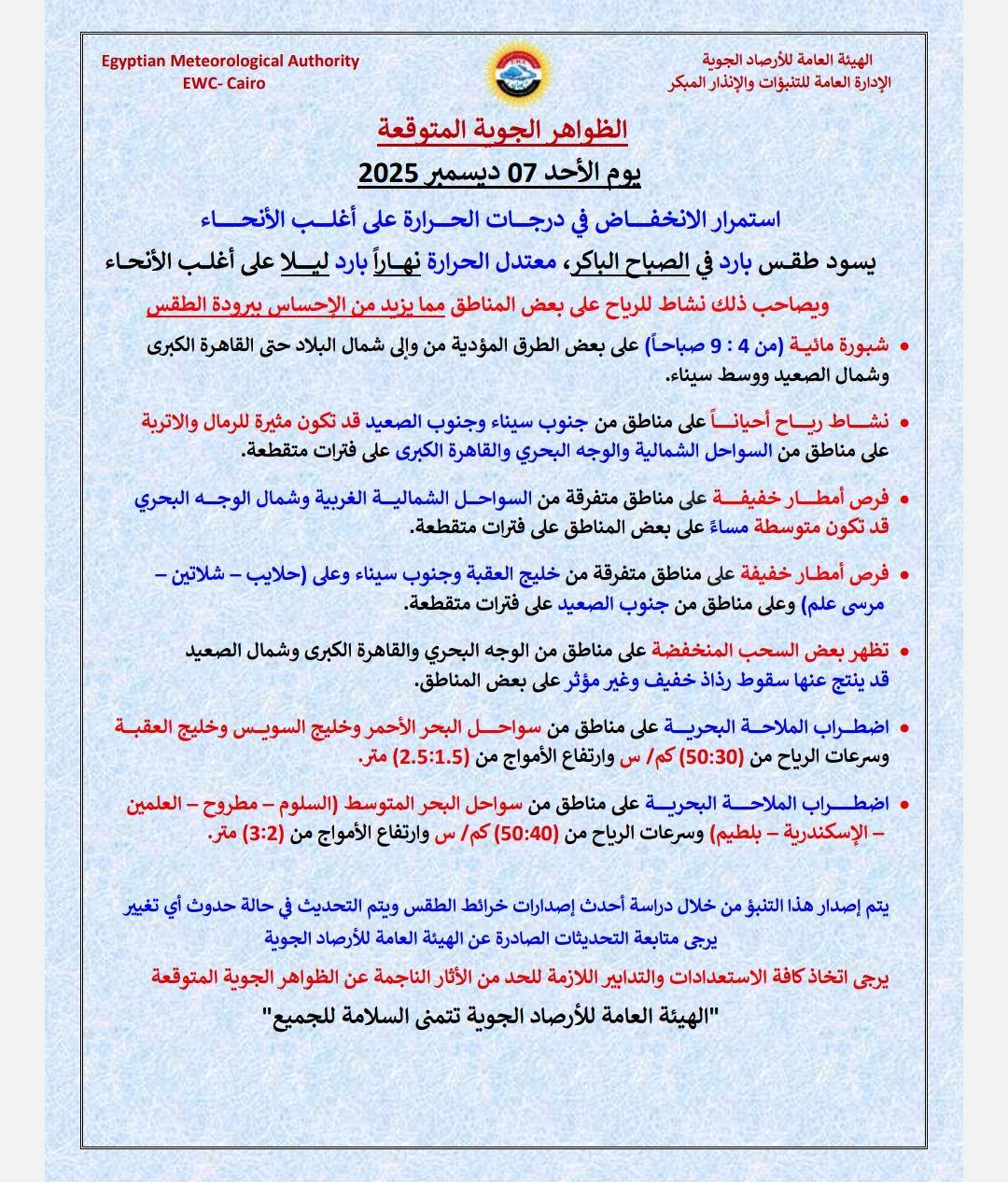 <strong>حالة الطقس اليوم الأحد 7 ديسمبر 2025</strong>