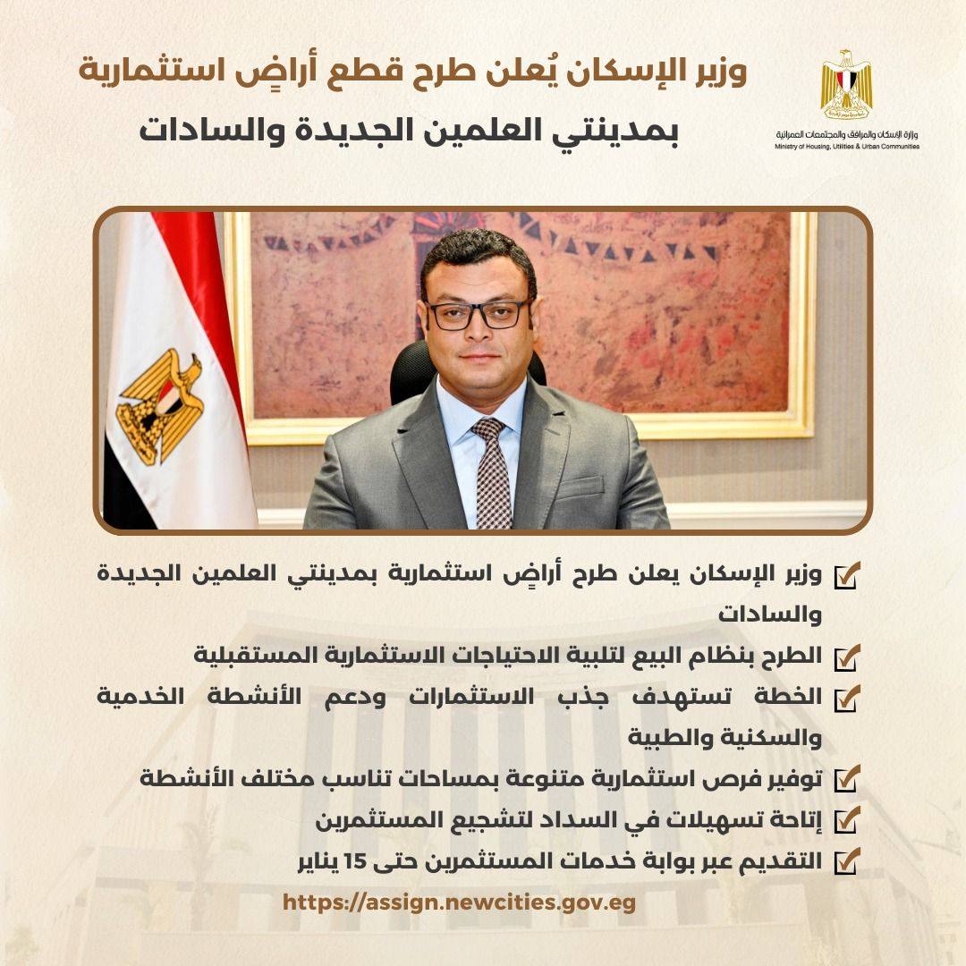 الاسكان تطرح قطع أراضٍ استثمارية بمدينتي العلمين الجديدة والسادات