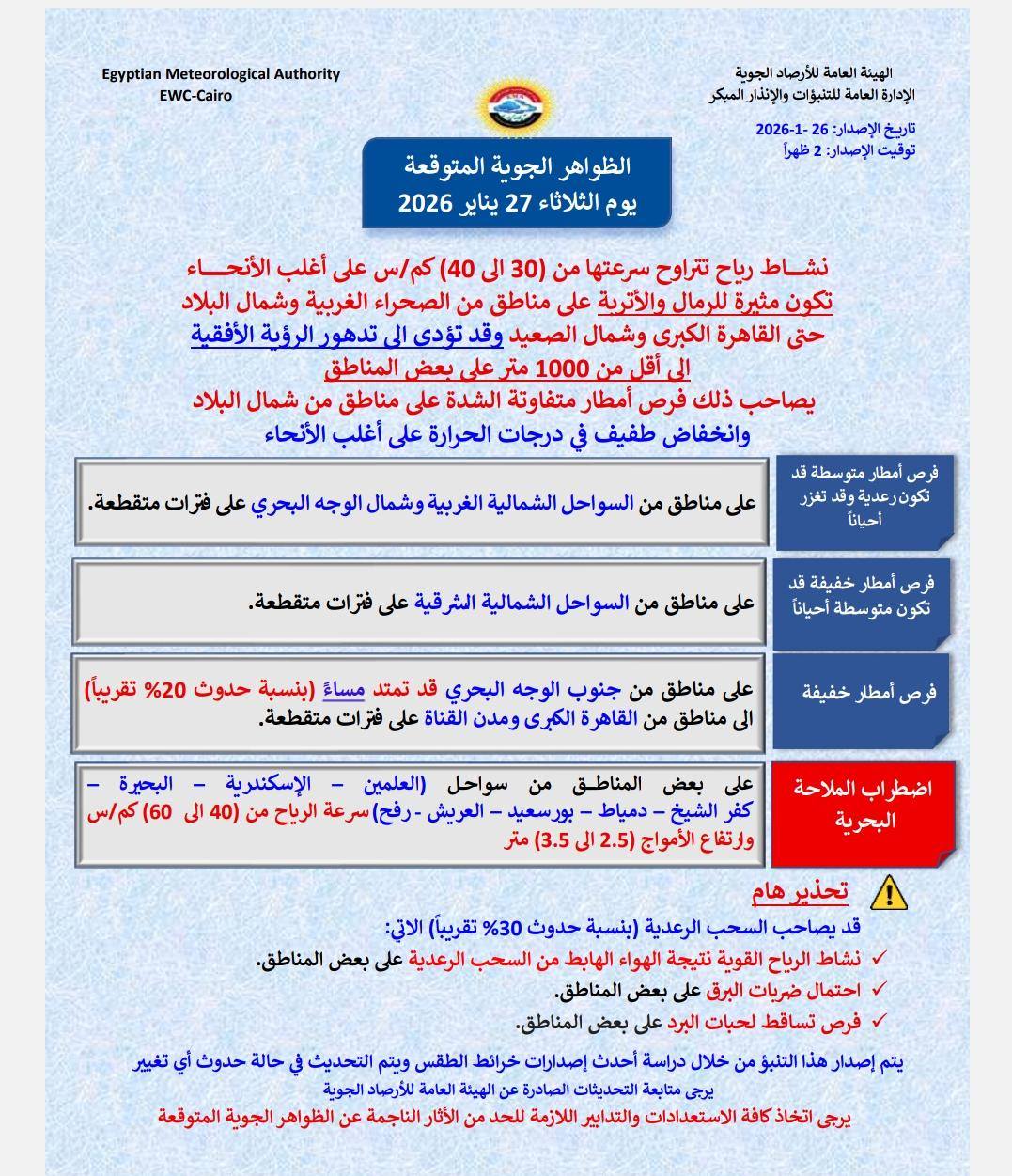 <strong>حالة الطقس غداً الثلاثاء 27 يناير 2026</strong>