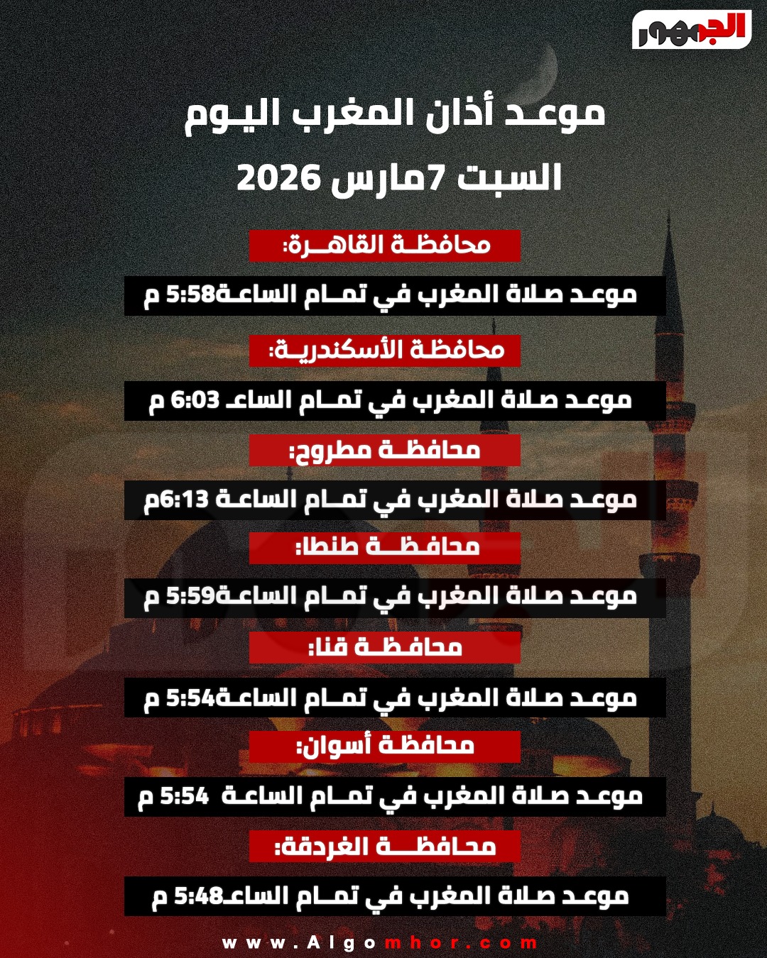 <strong>موعد أذان المغرب اليوم السبت 17 رمضان في القاهرة والمحافظات</strong>