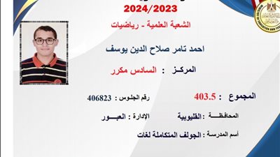 أحمد تامر صلاح الدين يوسف السادس على الثانوية العامة: «الهندسة حلمي»