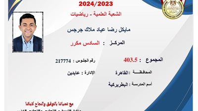 السادس مكرر على الثانوية العامة: الصبر سر تفوقي ومكالمة الوزير هدية نجاحي
