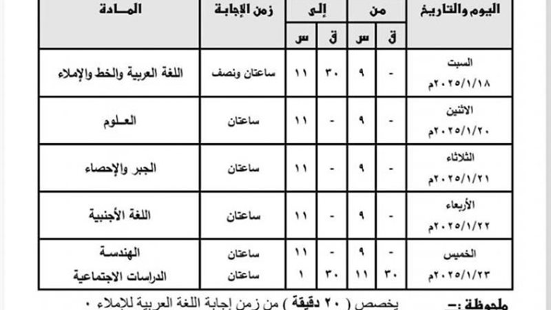 جدول امتحانات نصف السنة 2025 للصف الثالث الإعدادي