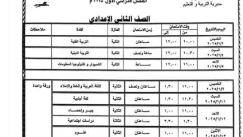 جدول امتحانات نصف العام 2025 محافظة الشرقية