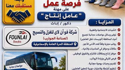  300 فرصة عمل للشباب على مهنة «عامل إنتاج» بشركة غزل ونسيج 
